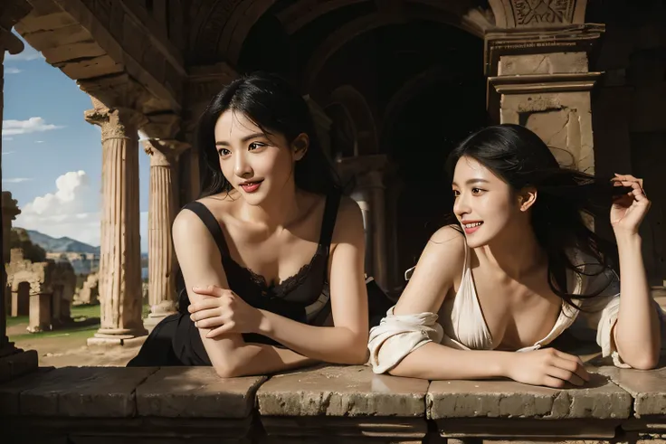 Ancient Roman ruins,Poussin-style landscape,A smile,,Sweet and seductive appearance.、Caravaggios paintings、Chiaroscuro of Caravaggio、Hair disheveled in the wind,Two women frolicking,Cute smile, Expression of ecstasy,A sexy,Erotic