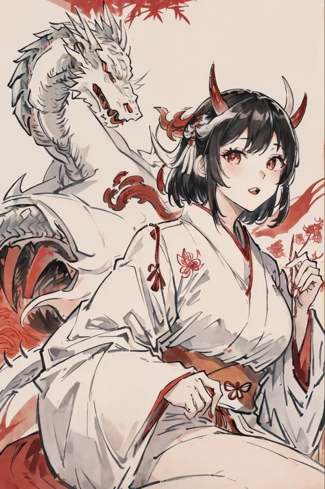 Bamboo bush、A Japanese style、Woman in white kimono、Dragon horn、erect through、double tooth、独奏、White and red background