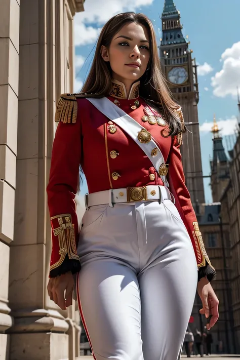 ((masterpiece)), ((best quality)), digital painting, ((photorealistic)), wide angle shooting, beautiful, sexy woman, brown eyes, long hair, eyebrows, facial details, wearing a royal uniform, ((red jacket , epaulets)),cleavage, (tight white trousers), Briti...