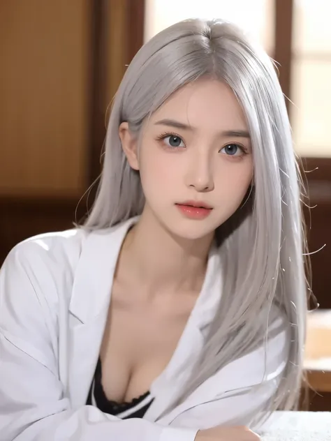 Be a girl with pink skin, pretty eyes (red eyes) as deep as the night sky, Half sad face lying on the table, White hair, looking at you, With anime/Semi-realistic art style