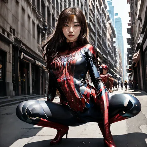 arafi woman wearing a spider suit posing on the sidewalk, ( ( spiderwoman ) ), spider woman, spiderwoman!!, spiderwoman!!!!!, we...