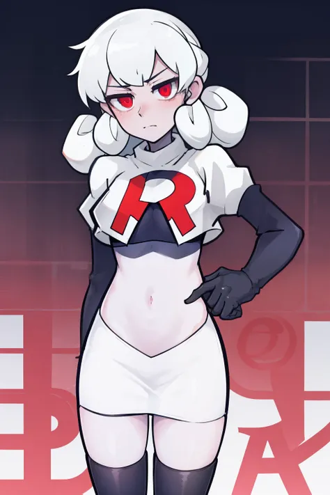 masterpiece, best quality, red eyes, white curly kair, team rocket,team rocket uniform,white skirt,red letter R,crop top,black thigh-highs,black elbow gloves, comic strip