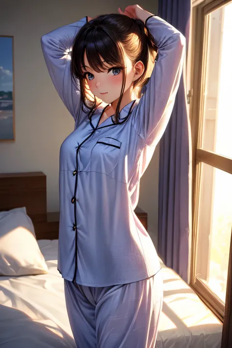 ((best quality)), ((masterpiece)), (detailed), perfect face, beautiful girl, waking up, in bed, in a room, wearing pajamas, sunlight shining from the window, stretching