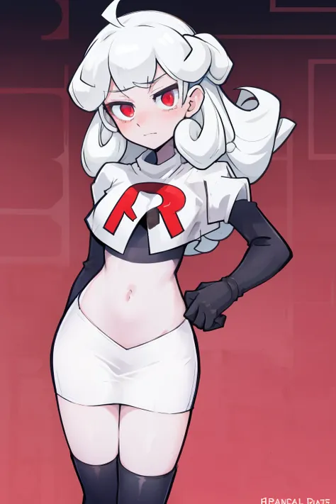 masterpiece, best quality, red eyes, white curly kair, ahoge,team rocket,team rocket uniform,white skirt,red letter R,crop top,black thigh-highs,black elbow gloves, comic strip