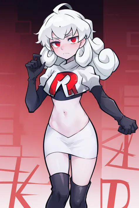 masterpiece, best quality, red eyes, white curly kair, ahoge,team rocket,team rocket uniform,white skirt,red letter R,crop top,black thigh-highs,black elbow gloves, comic strip