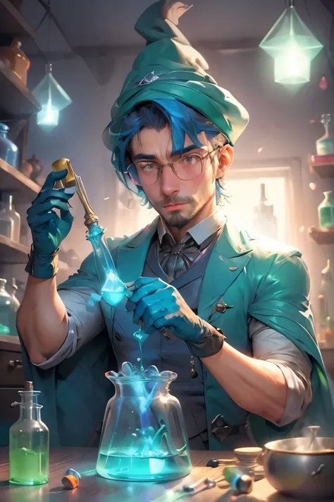 Cartoon style handsome man stirring magic potions in sick laboratory, using doctors&#39; glasses and gloves to make a blue potion, detalhado e complexo, Full HD, 4k com tons verdes