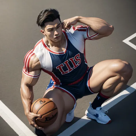 male Kpop,bastekball man,muscle,gay,handsome,big muscles,basketball uniform,long socks,with one leg up showing toe,on concrete basketball court,top view,showing muscles,high quality,4k,detailed,