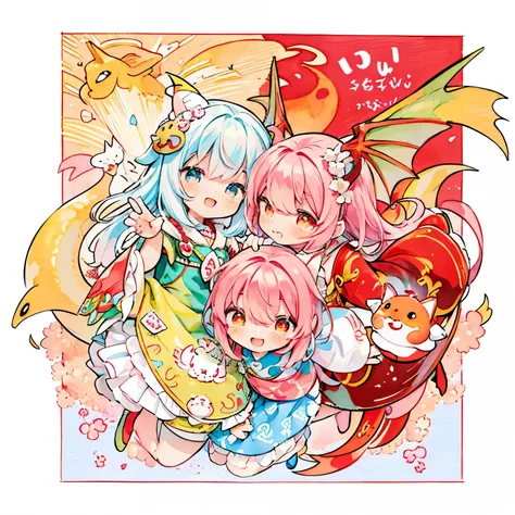 (PastelColors:1.0)、(Cute illustration:1.5)、(watercolor paiting:1.2)、Many red petals dance、the wind、Background with、Braids、A slight smil、Cute smile、a red dragon、(Cool costumes:1.0)、full body Esbian、The best smile、soft smiling、Smile cutely、kawaii faces、Cheer...