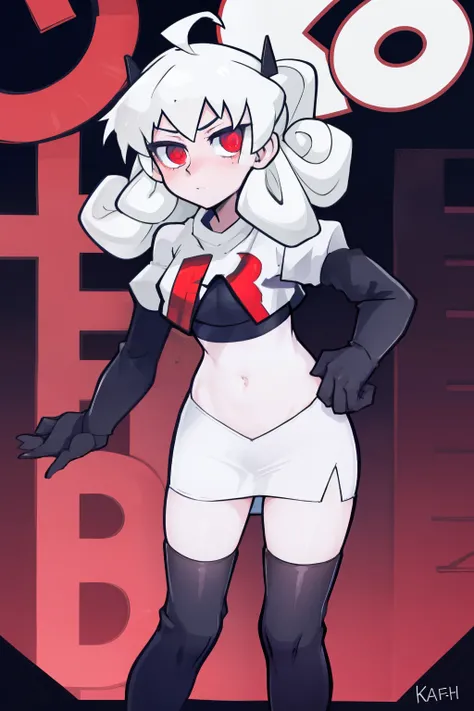 masterpiece, best quality, red eyes, white curly kair, ahoge,team rocket,team rocket uniform,white skirt,red letter R,crop top,black thigh-highs,black elbow gloves, comic strip