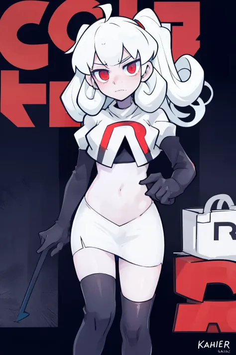 masterpiece, best quality, red eyes, white curly kair, ahoge,team rocket,team rocket uniform,white skirt,red letter R,crop top,black thigh-highs,black elbow gloves, comic strip