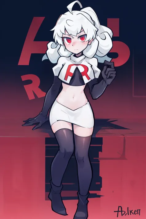 masterpiece, best quality, red eyes, white curly kair, ahoge,team rocket,team rocket uniform,white skirt,red letter R,crop top,black thigh-highs,black elbow gloves, comic strip