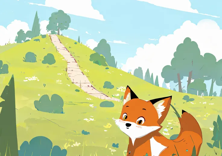 timid fox，Green meadow，blue-sky