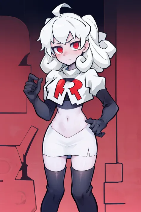 masterpiece, best quality, red eyes, white curly kair, ahoge,team rocket,team rocket uniform,white skirt,red letter R,crop top,black thigh-highs,black elbow gloves, comic strip