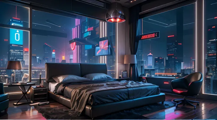 ((masterpiece)), (ultra-detailed), (intricate details), (high resolution CGI artwork 8k), Create an image of a futuristic darkly lit cyberpunk bedroom. One of the walls should feature a big window with a busy, colorful, and detailed cyberpunk cityscape. Th...