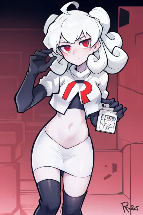masterpiece, best quality, red eyes, white curly kair, ahoge,team rocket,team rocket uniform,white skirt,red letter R,crop top,black thigh-highs,black elbow gloves, comic strip
