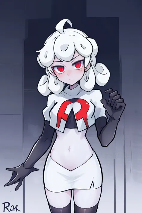 masterpiece, best quality, red eyes, white curly kair, ahoge,team rocket,team rocket uniform,white skirt,red letter R,crop top,black thigh-highs,black elbow gloves, comic strip