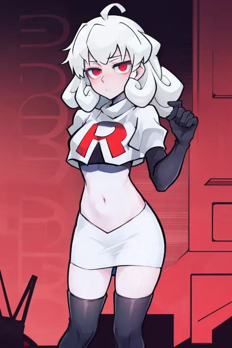 masterpiece, best quality, red eyes, white curly kair, ahoge,team rocket,team rocket uniform,white skirt,red letter R,crop top,black thigh-highs,black elbow gloves, comic strip