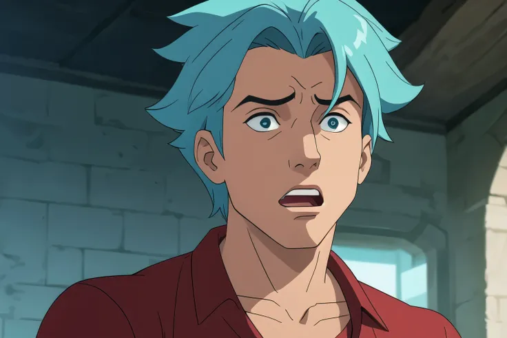 Parzival male, aqua color hair, shocked expression on face