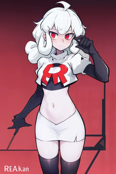 masterpiece, best quality, red eyes, white curly kair, ahoge,team rocket,team rocket uniform,white skirt,red letter R,crop top,black thigh-highs,black elbow gloves, comic strip
