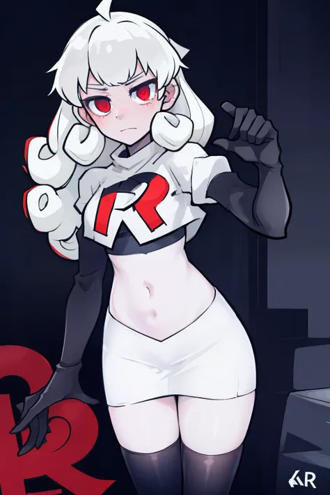 masterpiece, best quality, red eyes, white curly kair, ahoge,team rocket,team rocket uniform,white skirt,red letter R,crop top,black thigh-highs,black elbow gloves, comic strip