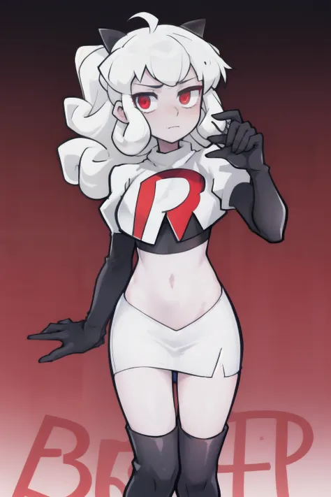 masterpiece, best quality, red eyes, white curly kair, ahoge,team rocket,team rocket uniform,white skirt,red letter r,crop top,b...