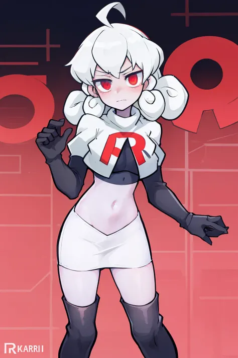 masterpiece, best quality, red eyes, white curly kair, ahoge,team rocket,team rocket uniform,white skirt,red letter R,crop top,black thigh-highs,black elbow gloves, comic strip