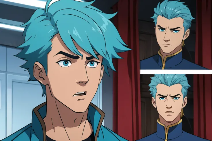 Parzival male, aqua color hair, shocked expression on face