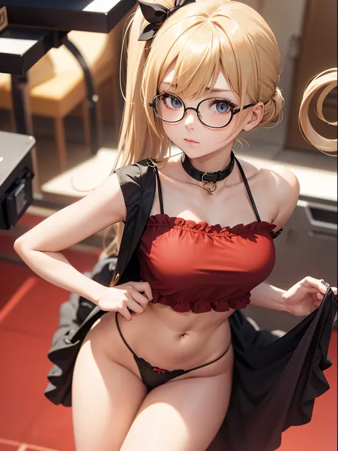 in public, boring, bangs, loli body, 14 year old girl, blonde hair tied in a side ponytail, sensual cleavage, red blouse, round breasts, ass facing the viewer, Ultra HD, 4k image, glasses, character close to camera, V panties, sensual panties, low waist pa...