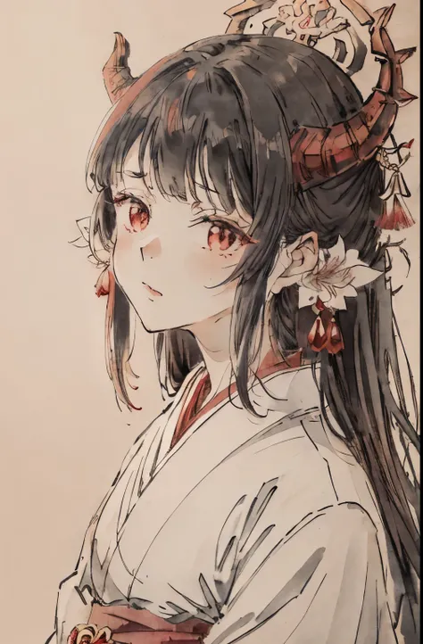 Dragon horn、Girl in white kimono、amaryllis、solid background、up of face、Manju Sawar、Higanbana、two dragon horns on head、Red light、Dragon Man、Photo Studio、A dark-haired、Black hair