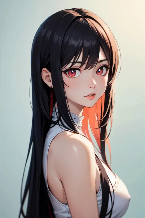 ((best quality)), ((masterpiece)), (detailed), perfect face, adult women, upper body, beautiful detailed eyes, red eyes, (star shape pupils:0.1), shy, (lips:0.5), very long hair, straight hair, (short bang:1.4), black hair, skinny, light blue background, e...