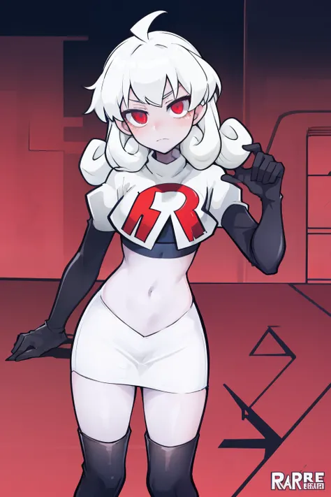 masterpiece, best quality, red eyes, white curly kair, ahoge,team rocket,team rocket uniform,white skirt,red letter R,crop top,black thigh-highs,black elbow gloves, comic strip