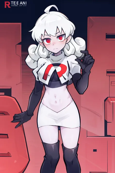 masterpiece, best quality, red eyes, white curly kair, ahoge,team rocket,team rocket uniform,white skirt,red letter R,crop top,black thigh-highs,black elbow gloves, comic strip