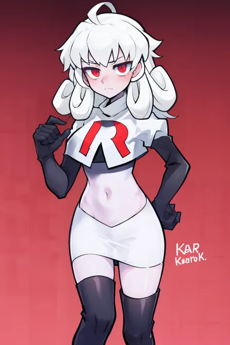 masterpiece, best quality, red eyes, white curly kair, ahoge,team rocket,team rocket uniform,white skirt,red letter R,crop top,black thigh-highs,black elbow gloves, comic strip