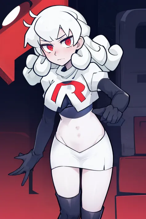masterpiece, best quality, red eyes, white curly kair, ahoge,team rocket,team rocket uniform,white skirt,red letter R,crop top,black thigh-highs,black elbow gloves, comic strip
