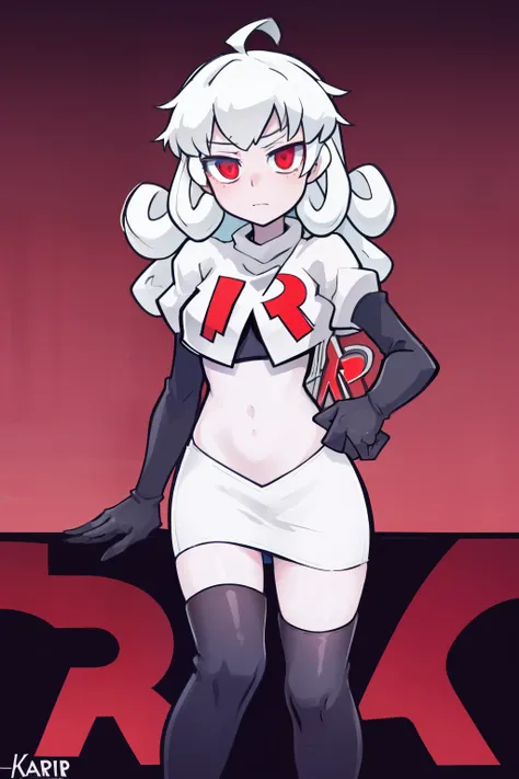 masterpiece, best quality, red eyes, white curly kair, ahoge,team rocket,team rocket uniform,white skirt,red letter R,crop top,black thigh-highs,black elbow gloves, comic strip