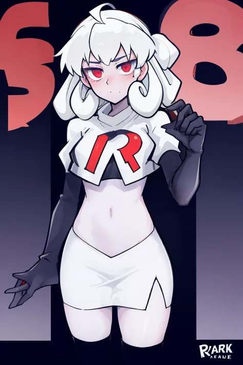 masterpiece, best quality, red eyes, white curly kair, ahoge,team rocket,team rocket uniform,white skirt,red letter R,crop top,black thigh-highs,black elbow gloves, comic strip