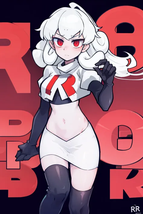 masterpiece, best quality, red eyes, white curly kair, ahoge,team rocket,team rocket uniform,white skirt,red letter R,crop top,black thigh-highs,black elbow gloves, comic strip