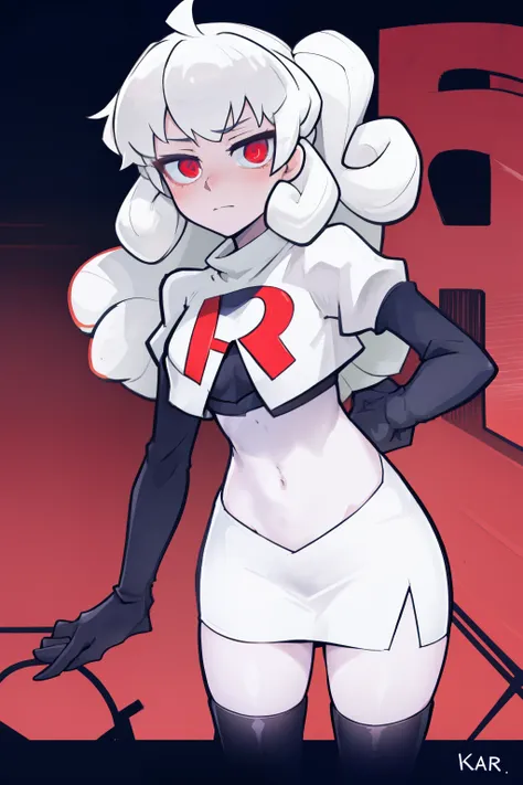masterpiece, best quality, red eyes, white curly kair, ahoge,team rocket,team rocket uniform,white skirt,red letter R,crop top,black thigh-highs,black elbow gloves, comic strip