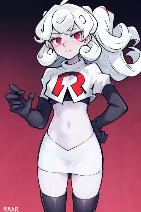 masterpiece, best quality, red eyes, white curly kair, ahoge,team rocket,team rocket uniform,white skirt,red letter r,crop top,b...