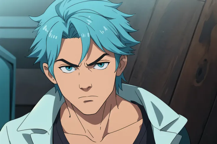 parzival male, one person only, aqua color hair, scared expression on face