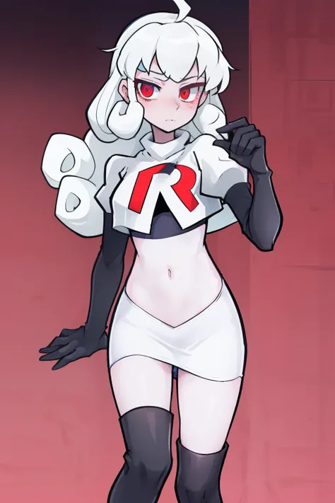 masterpiece, best quality, red eyes, white curly kair, ahoge,team rocket,team rocket uniform,white skirt,red letter r,crop top,b...