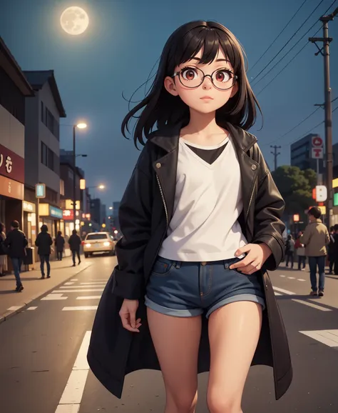 1girl,  and innocent, small girl, black hair, red eyes, beauty brand, round glasses, cropped short, short shorts, (large female coat over shoulders), , tokyo city, bustling city, moonlight, light particleest quality, masterpiece), (super ultra detailed), (...