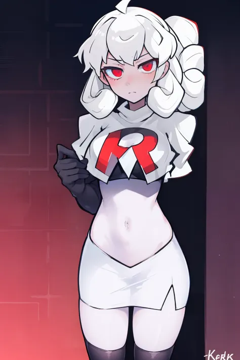 masterpiece, best quality, red eyes, white curly kair, ahoge,team rocket,team rocket uniform,white skirt,red letter r,crop top,b...