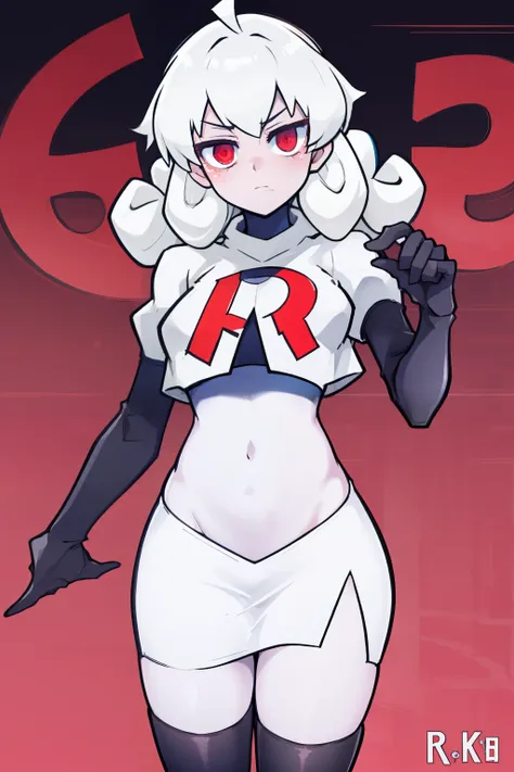 masterpiece, best quality, red eyes, white curly kair, ahoge,team rocket,team rocket uniform,white skirt,red letter r,crop top,b...