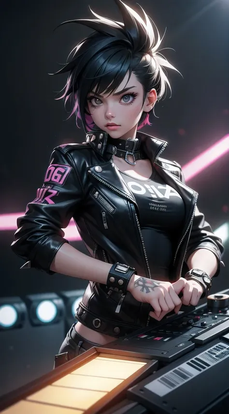 A punk GIRL with spiky hair and a leather jacket, playing drums, Level4 style, hyper realistic, HD, neon extremely detailed, Volumetric lighting, detailed 64K, Sony A7S Ill, f/ 8.0, 1/200. sharp-focus, detailed 64K megapixe