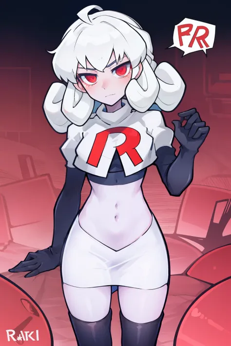 masterpiece, best quality, red eyes, white curly kair, ahoge,team rocket,team rocket uniform,white skirt,red letter r,crop top,b...