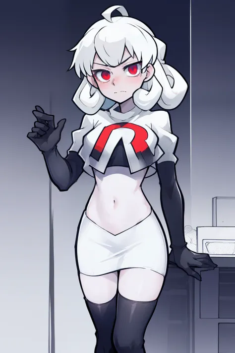 masterpiece, best quality, red eyes, white curly kair, ahoge,team rocket,team rocket uniform,white skirt,red letter r,crop top,b...