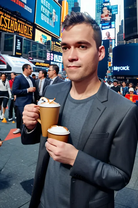 male self portrait wearing casual suit, holding coffee cup , background outdoor at times square new york