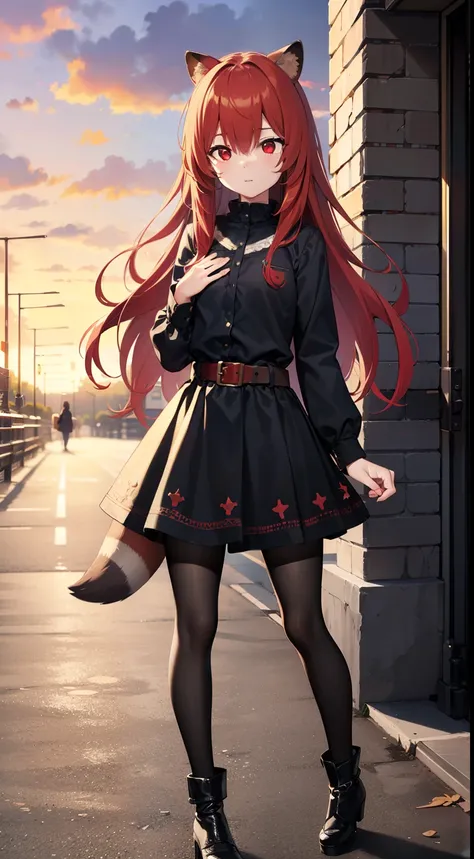 raphtalia, red hair, long hair, raccoon ears, raccoon girl, raccoon tail, (red eyes:1.5), standing,
BREAK brown belt, dress, black high platform boots, tights,
BREAK outdoors, forest, (full shot image:1.9),
BREAK (masterpiece:1.2), best quality, high resol...