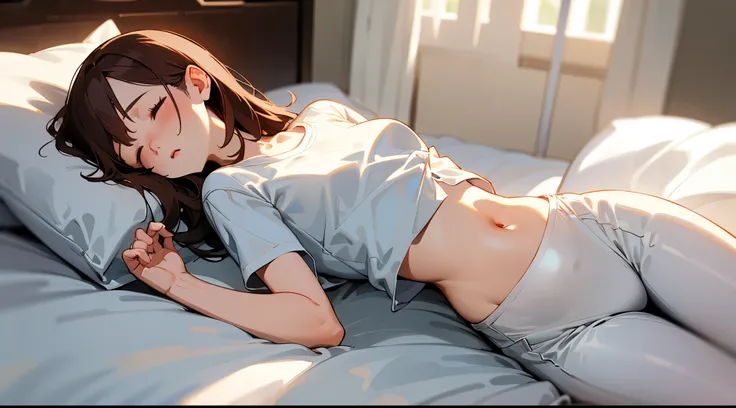 Sleeping girl，age 22，realistically，she is wearing short pants，wearing white pajamas，Unintentionally exposed her soft belly button，Brown hair。